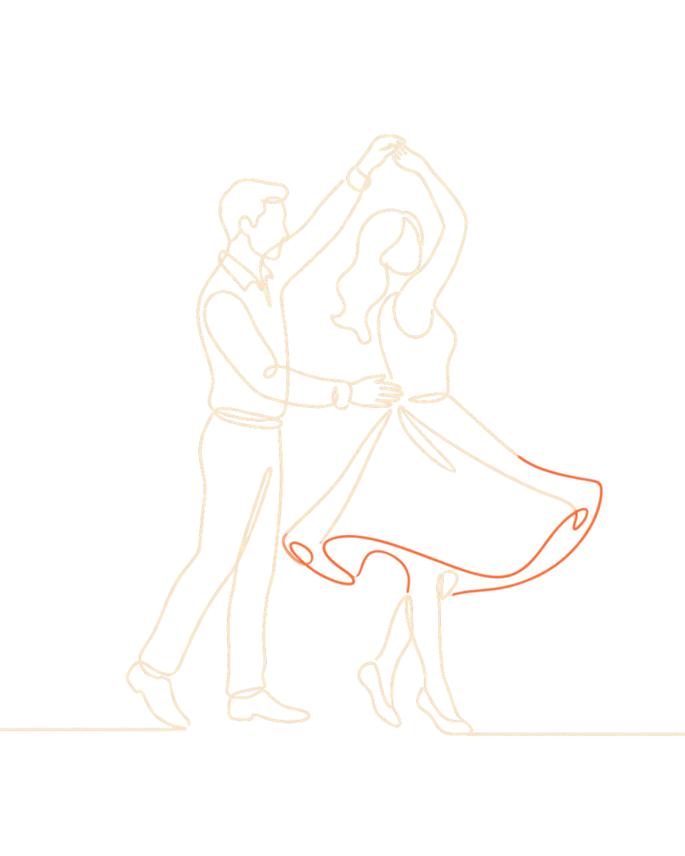Disegno a linea continua di una coppia che balla: lui la fa girare tenendola per mano e la gonna di lei si apre