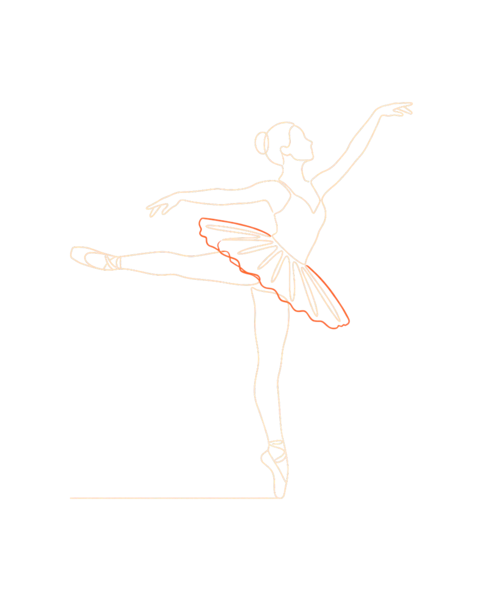 Disegno a linea continua di una ballerina in arabesque sulle punte, con il tutù bordato d'arancio